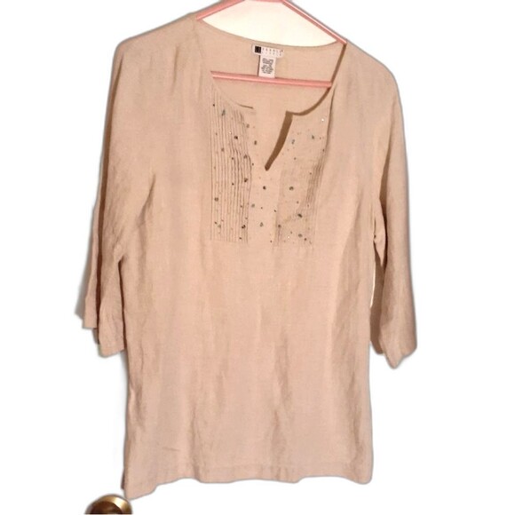 100% linen shirt Carol Little tunic top blouse size 12 L beige off-white neutral - Picture 1 of 7